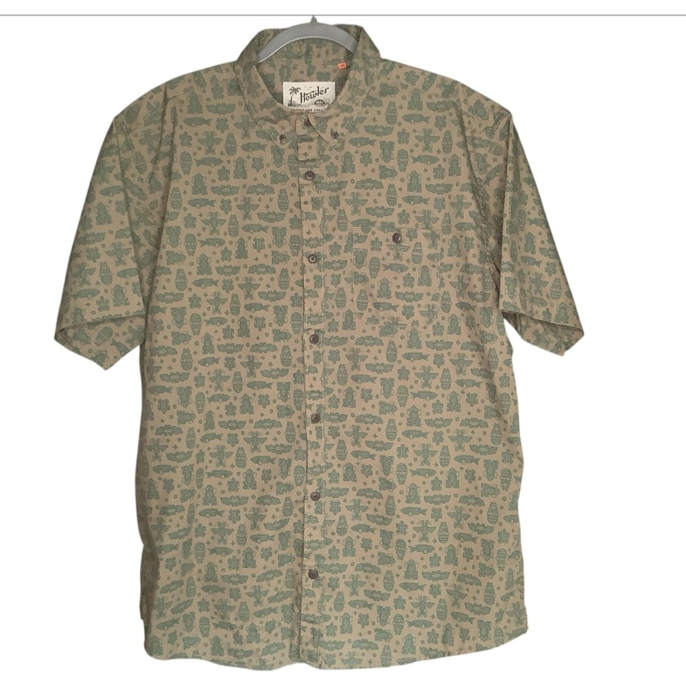 Howler Brothers Tan Button-Down Short Sleeve Shirt with Green Print